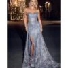 Cinderella Divine Smoky Blue Glitter Printed Strapless Mermaid Evening Gown