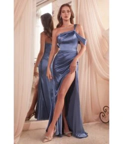 Cinderella Divine Smoky Blue Ruched Satin One Shoulder Evening Gown