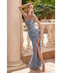 Cinderella Divine Smoky Blue Sequin Beaded High Slit Fitted Prom Gown