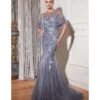 Cinderella Divine Smoky Blue & Silver Rhinestone Floral Trumpet Bridesmaid Gown