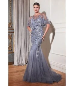 Cinderella Divine Smoky Blue & Silver Rhinestone Floral Trumpet Bridesmaid Gown