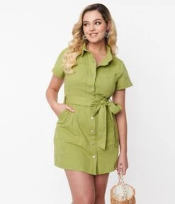 Spring Green Denim Belted Shift Dress -Pleaser Clothing Store spring green denim belted shift dress 978374