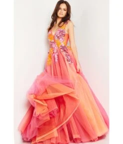 Jovani Sunset & Multicolor Floral Applique Tulle Ballgown