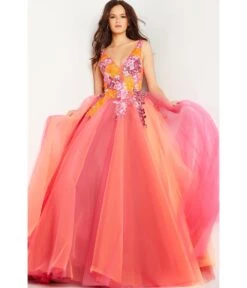 Jovani Sunset & Multicolor Floral Applique Tulle Ballgown -Pleaser Clothing Store sunset multicolor floral applique tulle ballgown 701956