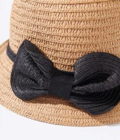 Tan & Black Ribbon Woven Cloche Hat -Pleaser Clothing Store tan black ribbon woven cloche hat 419581