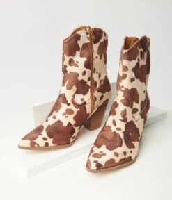 Tan & Cream Cow Print Calf Hair Boot -Pleaser Clothing Store tan cream cow print calf hair boot 199329