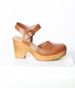 Tan Leatherette Wood Platform Clogs -Pleaser Clothing Store tan leatherette wood platform clogs 304768