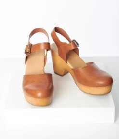 Tan Leatherette Wood Platform Clogs