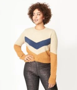 Tan & Navy Chevron Stripe Sweater -Pleaser Clothing Store tan navy chevron stripe sweater 392603