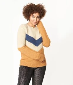 Tan & Navy Chevron Stripe Sweater -Pleaser Clothing Store tan navy chevron stripe sweater 611055