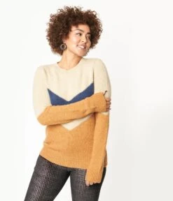 Tan & Navy Chevron Stripe Sweater -Pleaser Clothing Store tan navy chevron stripe sweater 632252