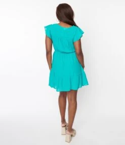 Teal Flutter Sleeve Mini Dress -Pleaser Clothing Store teal flutter sleeve mini dress 433647