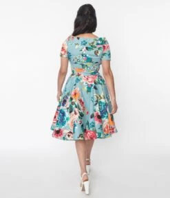 Teal & Multicolor Floral Swing Dress -Pleaser Clothing Store teal multicolor floral swing dress 584552
