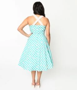 Teal & White Striped Flamingo Print Swing Dress -Pleaser Clothing Store teal white striped flamingo print swing dress 858178