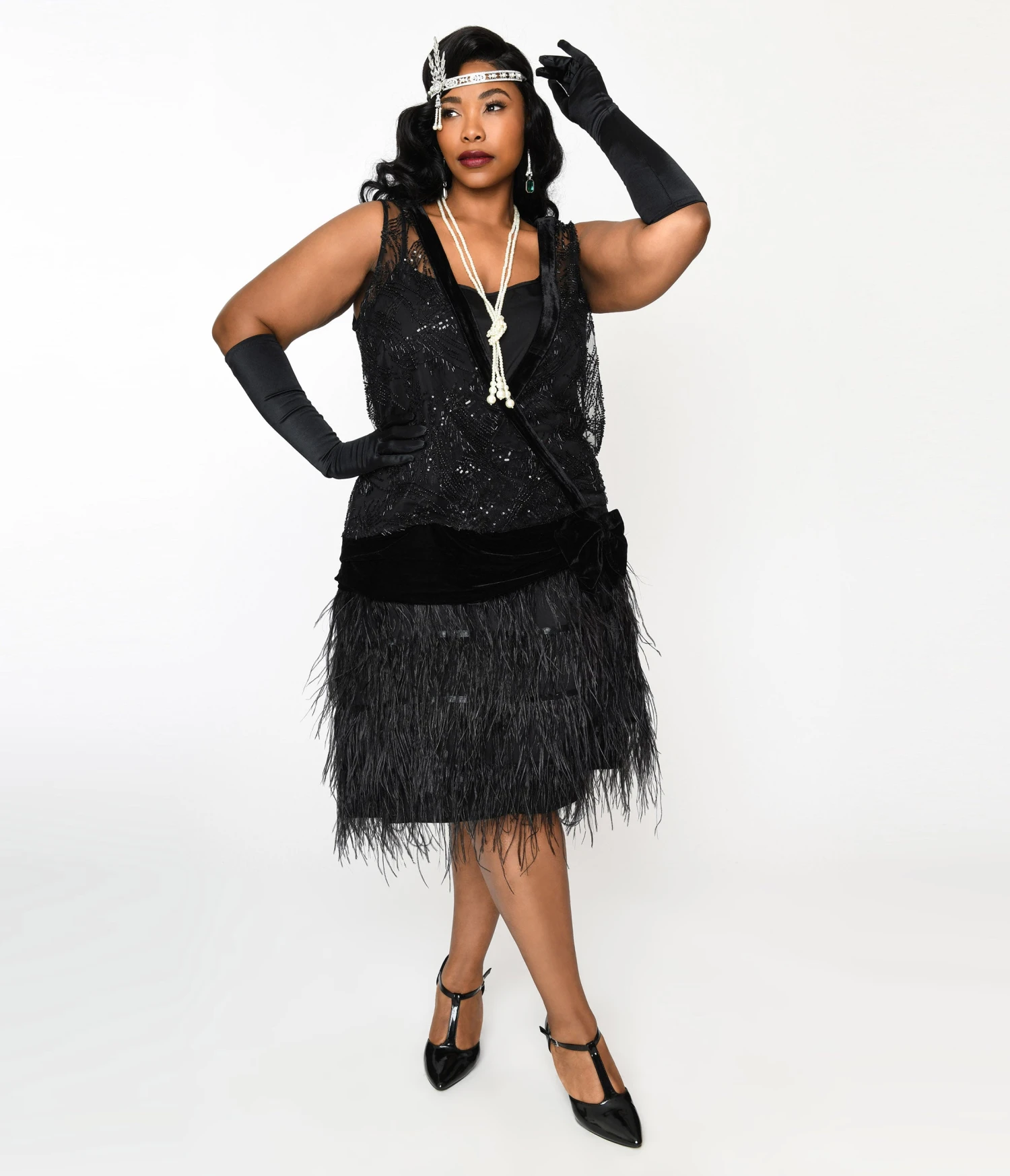 The Great Gatsby X Unique Vintage Plus Size Black Sequin & Feather Surplice Flapper Dress 1 The Great Gatsby X Unique Vintage Plus Size Black Sequin & Feather Surplice Flapper Dress