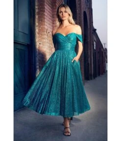 Cinderella Divine Turquoise Glitter Off The Shoulder Tea Length Dress -Pleaser Clothing Store turquoise glitter off the shoulder tea length dress 596791