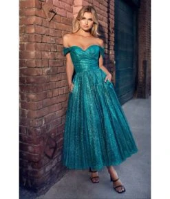 Cinderella Divine Turquoise Glitter Off The Shoulder Tea Length Dress