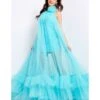 Jovani Turquoise Tulle High Neck Prom Dress