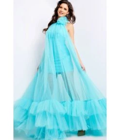Jovani Turquoise Tulle High Neck Prom Dress