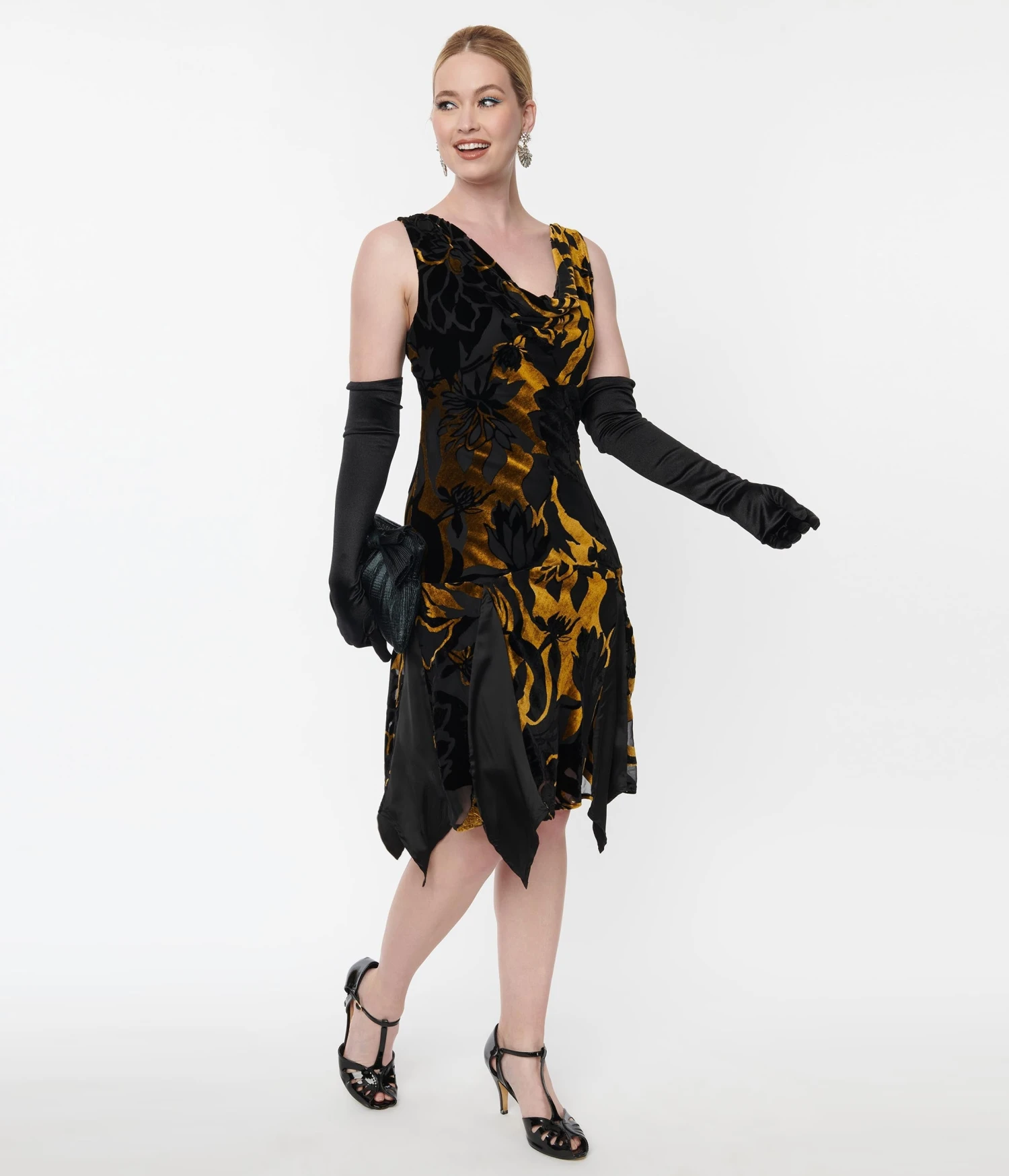 Unique Vintage 1920s Black & Gold Velvet Floral Burnout Hemingway Flapper Dress 1 Unique Vintage 1920s Black & Gold Velvet Floral Burnout Hemingway Flapper Dress
