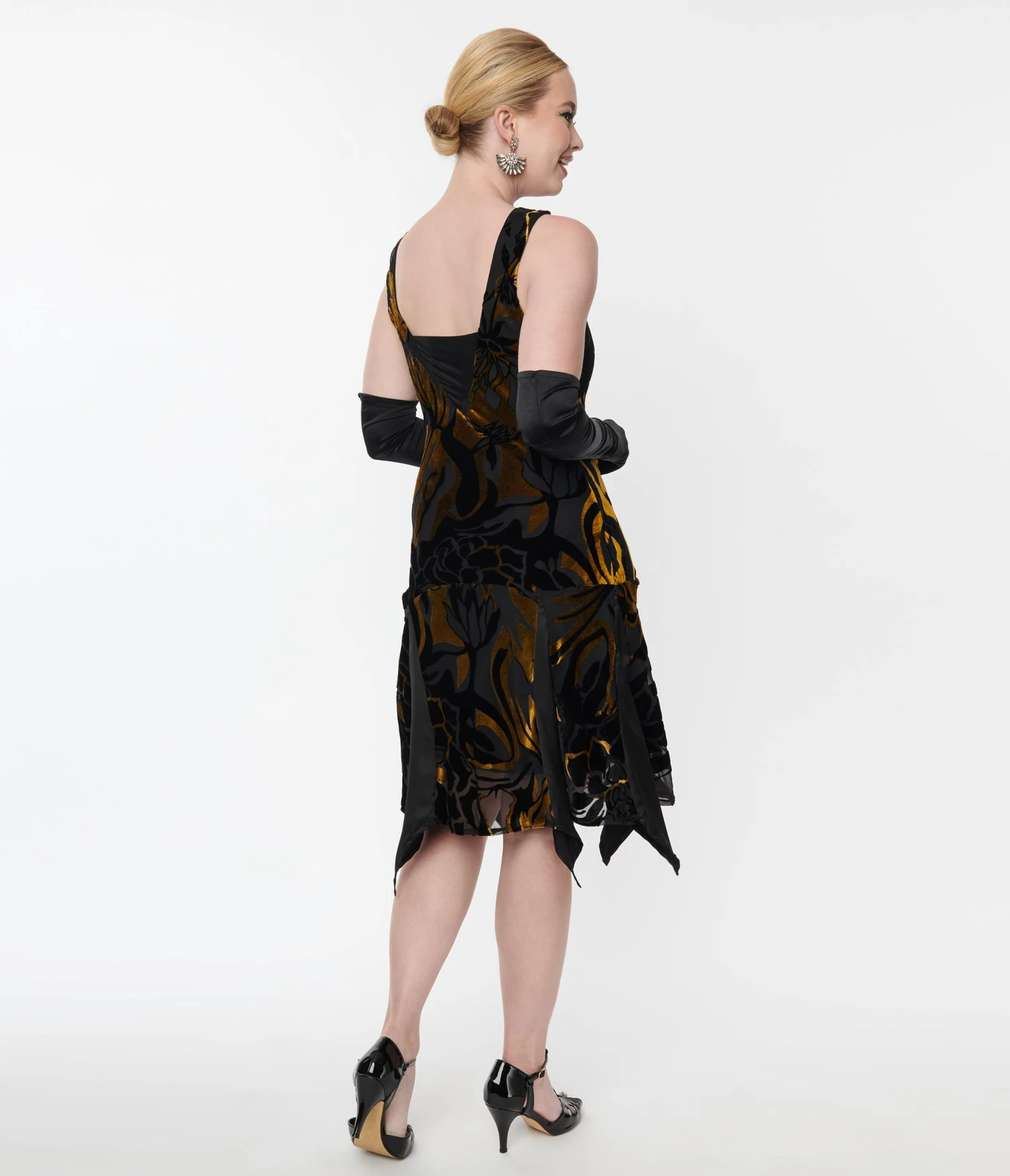Unique Vintage 1920s Black & Gold Velvet Floral Burnout Hemingway Flapper Dress 3 Unique Vintage 1920s Black & Gold Velvet Floral Burnout Hemingway Flapper Dress - Image 3