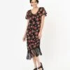 Unique Vintage 1920s Black & Pink Floral Joyeux Flapper Day Dress