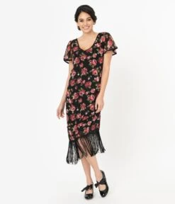 Unique Vintage 1920s Black & Pink Floral Joyeux Flapper Day Dress