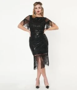 Unique Vintage 1920s Black Sequin Sleeved Laure Flapper Dress -Pleaser Clothing Store unique vintage 1920s black sequin sleeved laure flapper dress 395645
