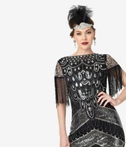 Unique Vintage 1920s Black & Silver Sequin Fringe Sleeved Laure Flapper Dress -Pleaser Clothing Store unique vintage 1920s black silver sequin fringe sleeved laure flapper dress 162267