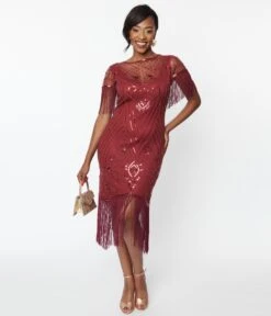 Unique Vintage 1920s Burgundy Beaded Nadine Flapper Dress
