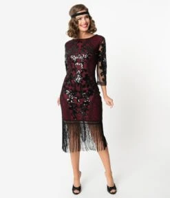 Unique Vintage 1920s Burgundy & Black Sequin Cocktail Celeste Flapper Dress -Pleaser Clothing Store unique vintage 1920s burgundy black sequin cocktail celeste flapper dress 857428