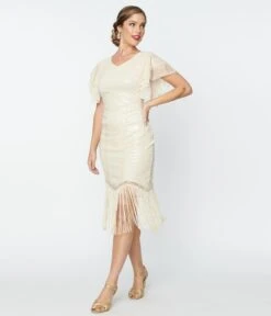 Unique Vintage 1920s Cream Sequin Flutter Sleeve Flapper Dress -Pleaser Clothing Store unique vintage 1920s cream sequin flutter sleeve flapper dress 254905