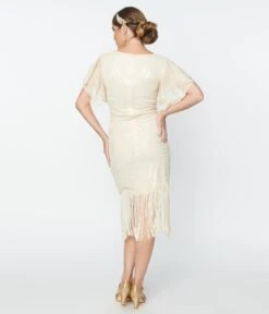 Unique Vintage 1920s Cream Sequin Flutter Sleeve Flapper Dress -Pleaser Clothing Store unique vintage 1920s cream sequin flutter sleeve flapper dress 954564