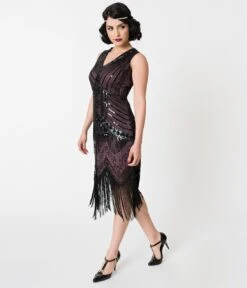 Unique Vintage 1920s Deco Purple & Black Sequin Veronique Fringe Flapper Dress -Pleaser Clothing Store unique vintage 1920s deco purple black sequin veronique fringe flapper dress 661997