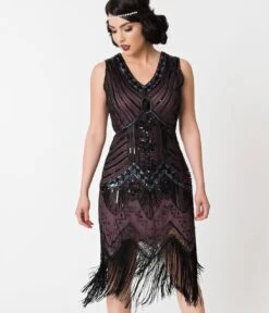 Unique Vintage 1920s Deco Purple & Black Sequin Veronique Fringe Flapper Dress -Pleaser Clothing Store unique vintage 1920s deco purple black sequin veronique fringe flapper dress 718687