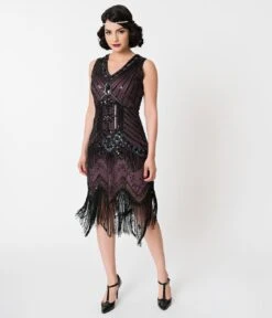 Unique Vintage 1920s Deco Purple & Black Sequin Veronique Fringe Flapper Dress -Pleaser Clothing Store unique vintage 1920s deco purple black sequin veronique fringe flapper dress 750176