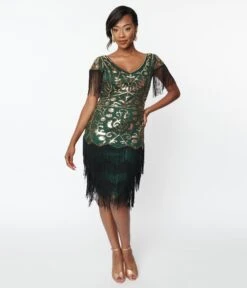 Unique Vintage 1920s Emerald & Gold Sequin Fringe Flapper Dress -Pleaser Clothing Store unique vintage 1920s emerald gold sequin fringe flapper dress 153848
