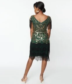Unique Vintage 1920s Emerald & Gold Sequin Fringe Flapper Dress -Pleaser Clothing Store unique vintage 1920s emerald gold sequin fringe flapper dress 767806