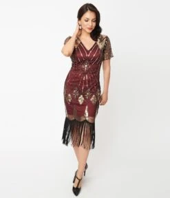 Unique Vintage 1920s Gold Sequin & Burgundy Katriane Flapper Dress