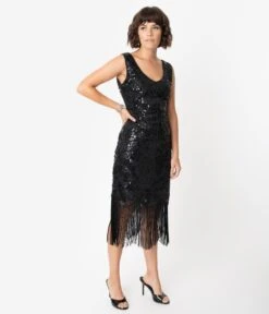 Unique Vintage 1920s Style Black Beaded & Sequin Adalene Cocktail Flapper Dress -Pleaser Clothing Store unique vintage 1920s style black beaded sequin adalene cocktail flapper dress 438217
