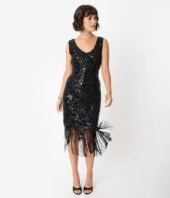 Unique Vintage 1920s Style Black Beaded & Sequin Adalene Cocktail Flapper Dress
