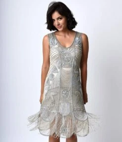 Unique Vintage 1920s Style Silver Beaded Fringe Bosley Flapper Dress -Pleaser Clothing Store unique vintage 1920s style silver beaded fringe bosley flapper dress 425805