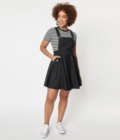 Unique Vintage 1950s Black Denim Brionne Pinafore Skirt -Pleaser Clothing Store unique vintage 1950s black denim brionne pinafore skirt 492813