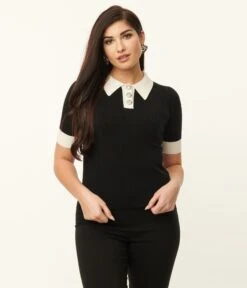 Unique Vintage 1950s Black & White Collar Prim & Pretty Sweater -Pleaser Clothing Store unique vintage 1950s black white collar prim pretty sweater 427910