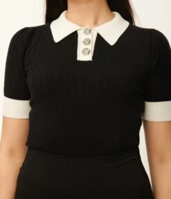 Unique Vintage 1950s Black & White Collar Prim & Pretty Sweater -Pleaser Clothing Store unique vintage 1950s black white collar prim pretty sweater 832116