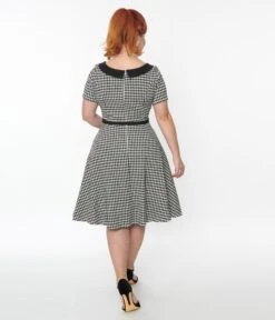 Unique Vintage 1950s Black & White Houndstooth Collared Swing Dress -Pleaser Clothing Store unique vintage 1950s black white houndstooth collared swing dress 106292