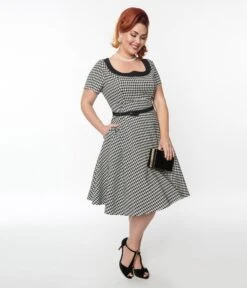 Unique Vintage 1950s Black & White Houndstooth Collared Swing Dress -Pleaser Clothing Store unique vintage 1950s black white houndstooth collared swing dress 345535