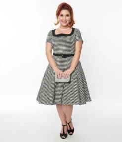 Unique Vintage 1950s Black & White Houndstooth Collared Swing Dress -Pleaser Clothing Store unique vintage 1950s black white houndstooth collared swing dress 420024