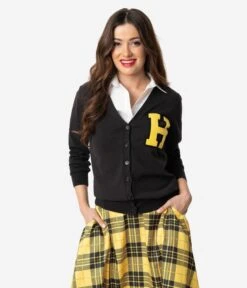 Unique Vintage 1950s Black & Yellow Hannah Letterman Cardigan -Pleaser Clothing Store unique vintage 1950s black yellow hannah letterman cardigan 240566
