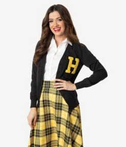 Unique Vintage 1950s Black & Yellow Hannah Letterman Cardigan -Pleaser Clothing Store unique vintage 1950s black yellow hannah letterman cardigan 264115